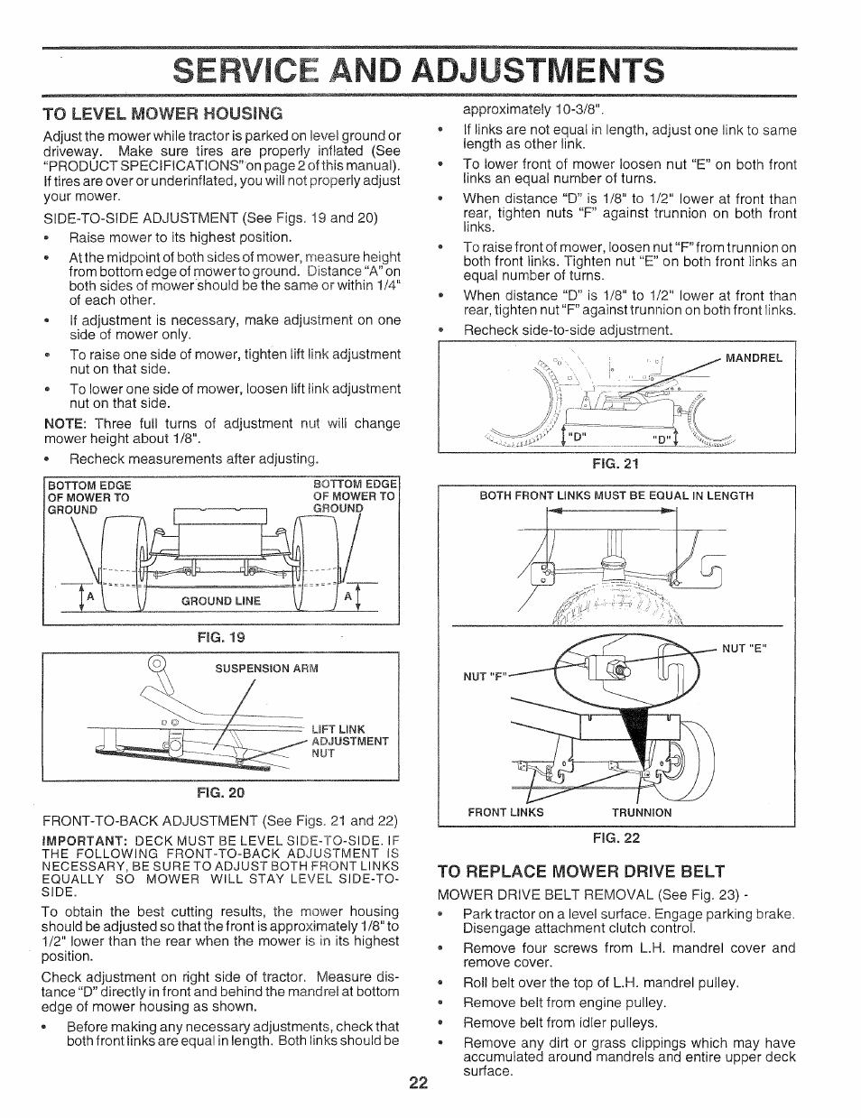 To replace mower drive belt, Service, Adjustments | Poulan 159759 User Manual | Page 22 / 52