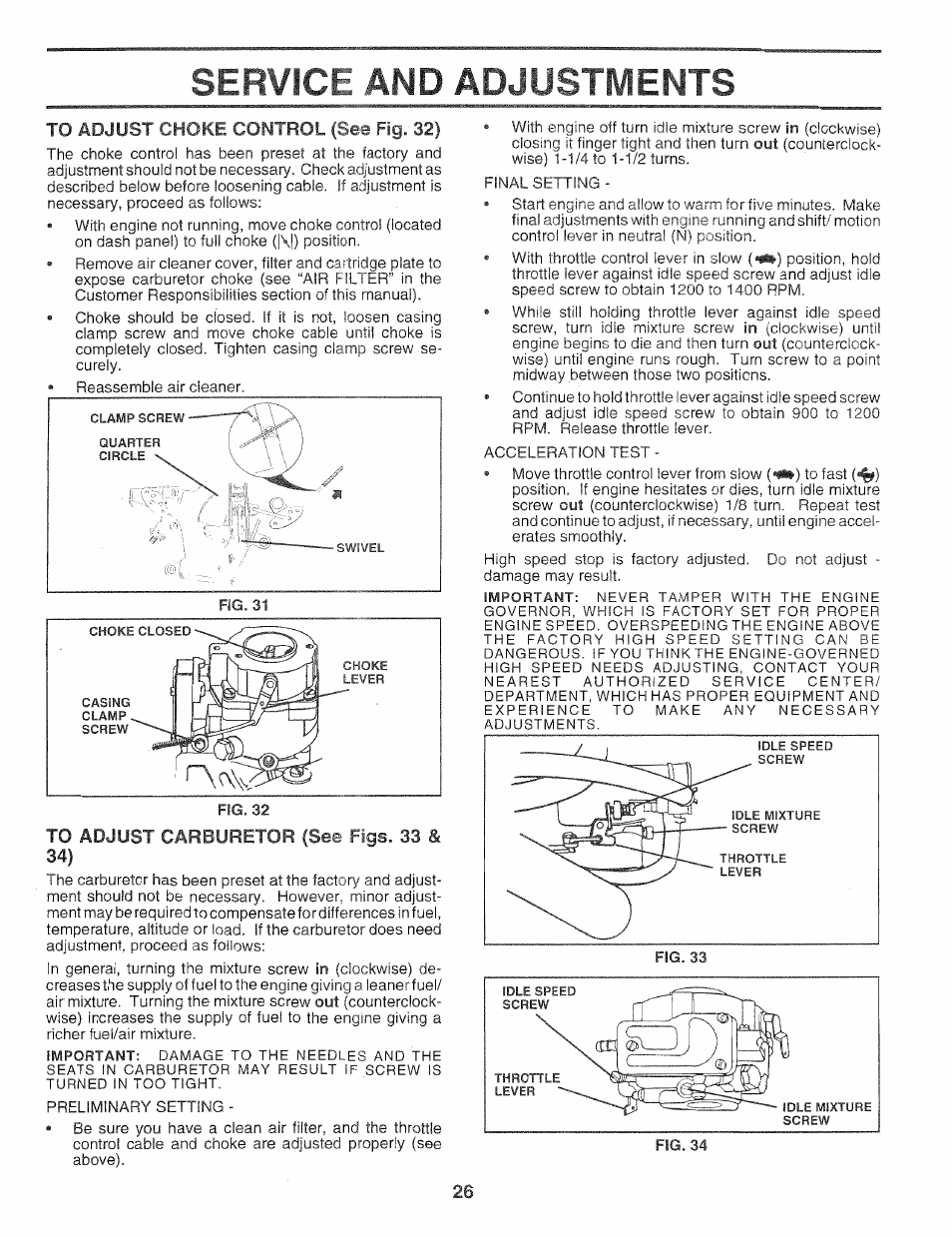 To adjust carburetor (see figs. 33 & 34), Service and adjustments | Poulan 159759 User Manual | Page 26 / 52