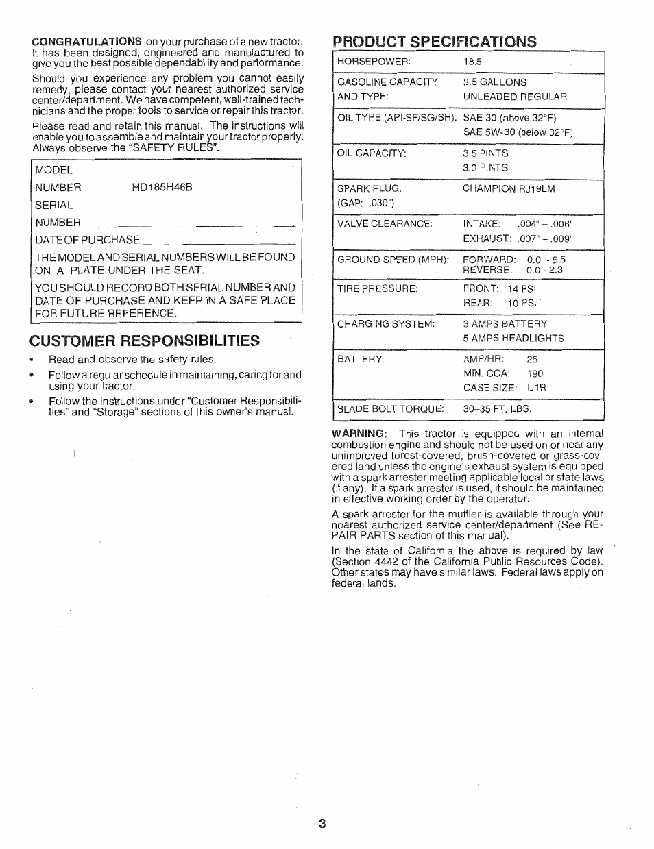 Product specifications, Customer responsibilities | Poulan 159759 User Manual | Page 3 / 52