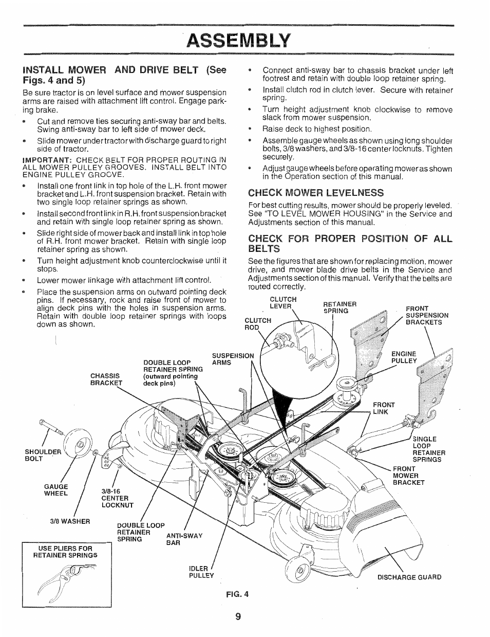 Install mower and drive belt (see, Check mower levelness, Check for proper position of all belts | Assembly | Poulan 159759 User Manual | Page 9 / 52