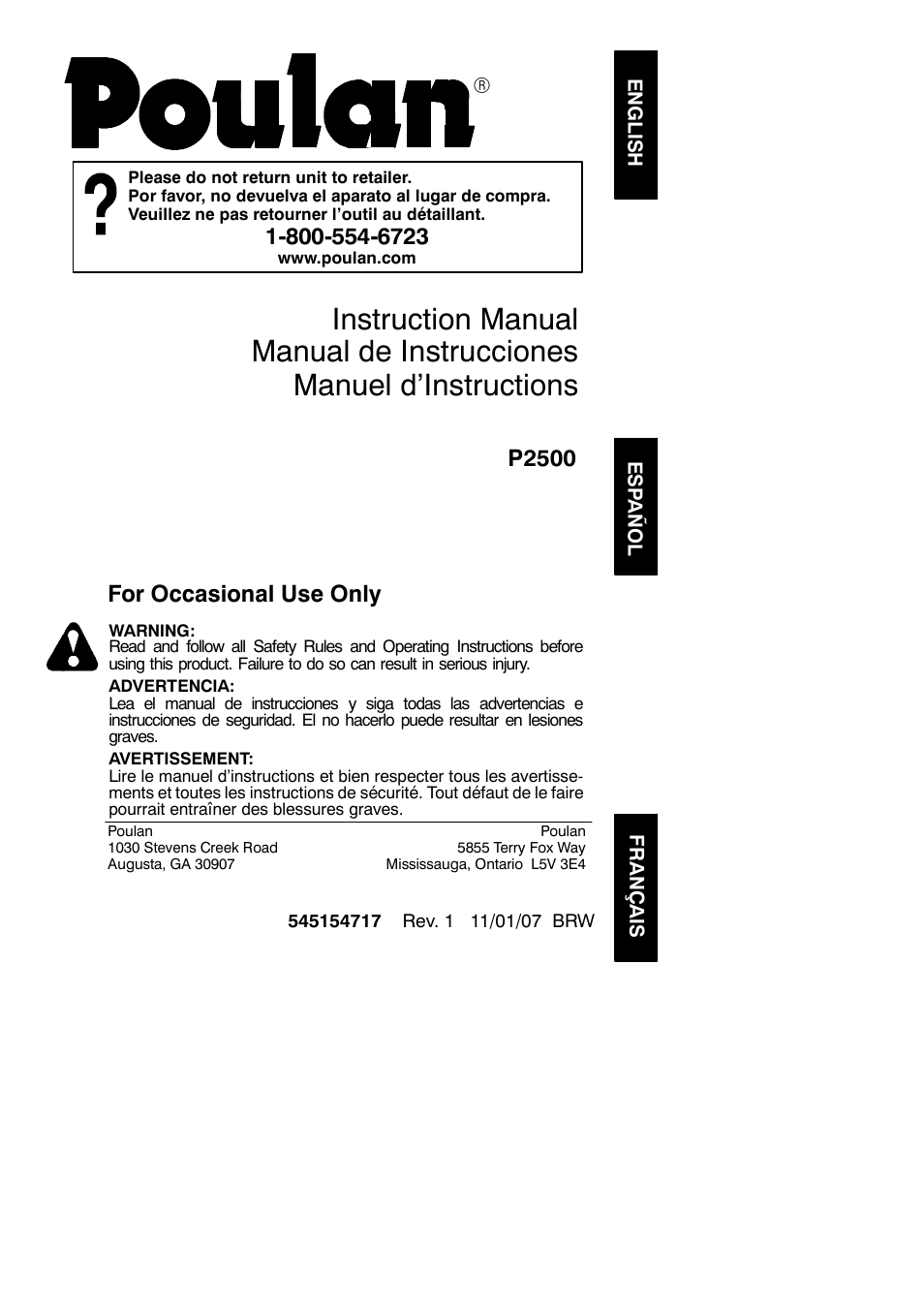 Poulan P2500 User Manual | 14 pages