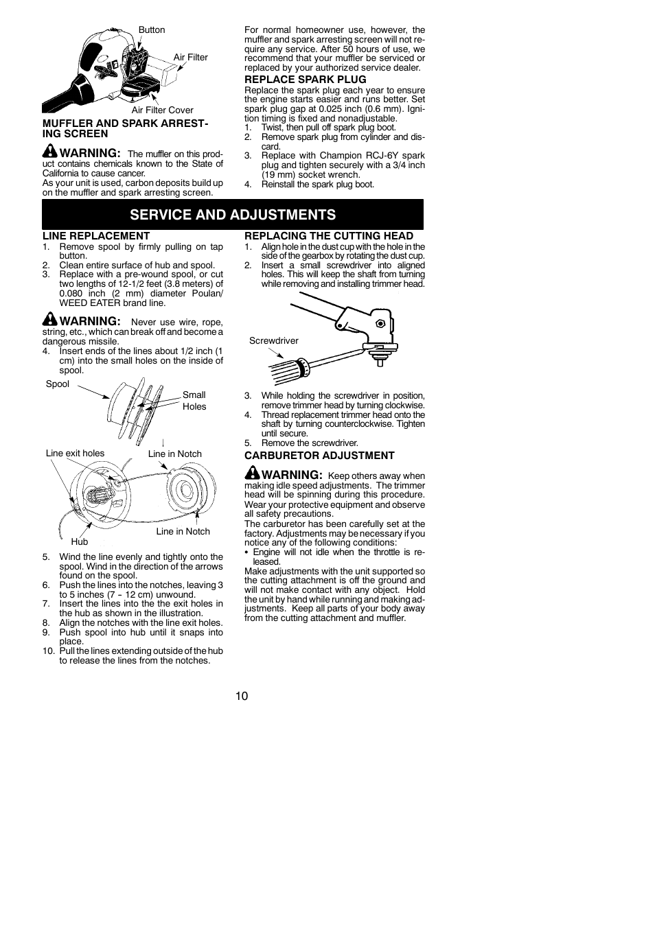 Service and adjustments, Warning | Poulan P2500 User Manual | Page 10 / 14