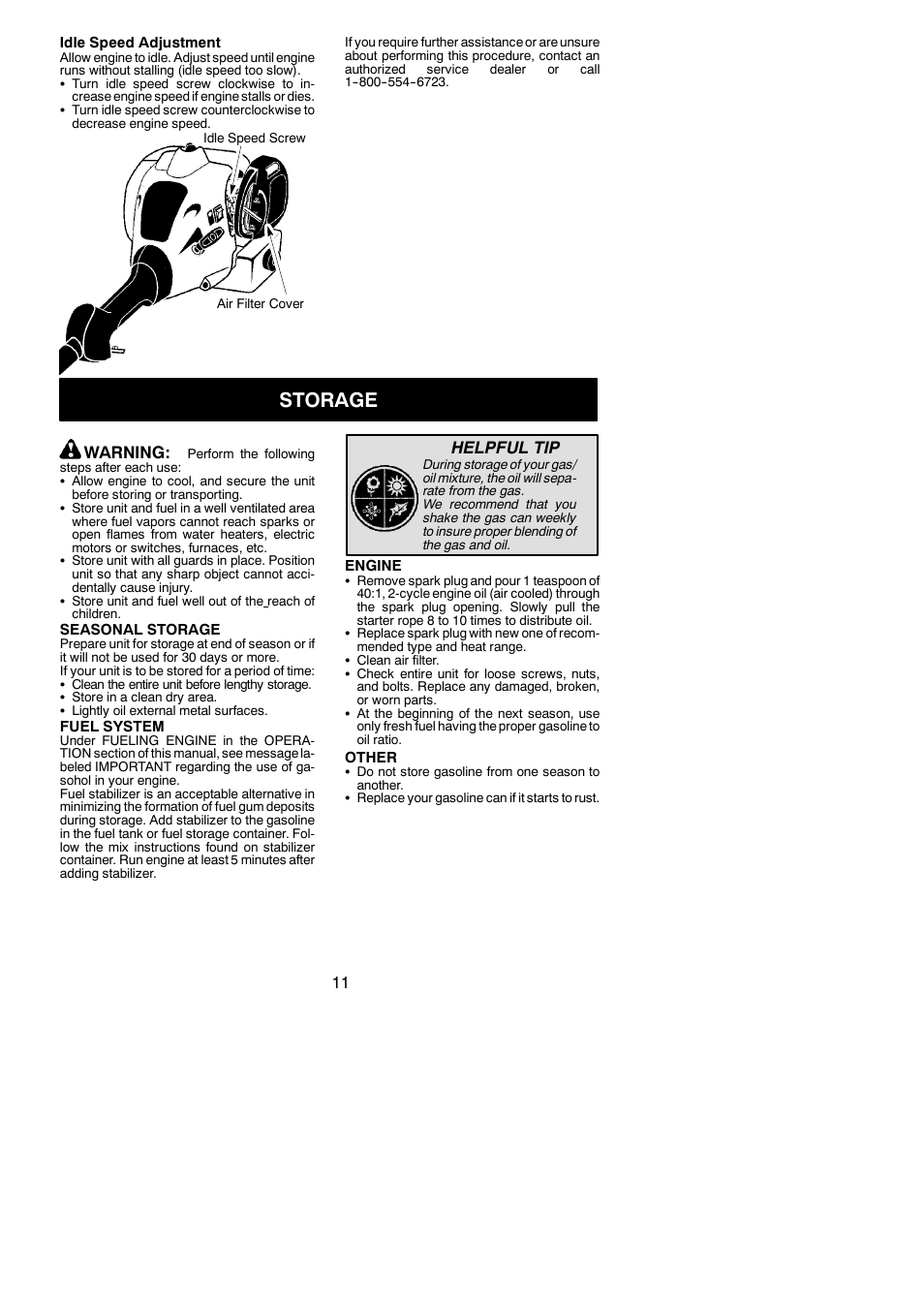 Storage, Warning, Helpful tip | Poulan P2500 User Manual | Page 11 / 14