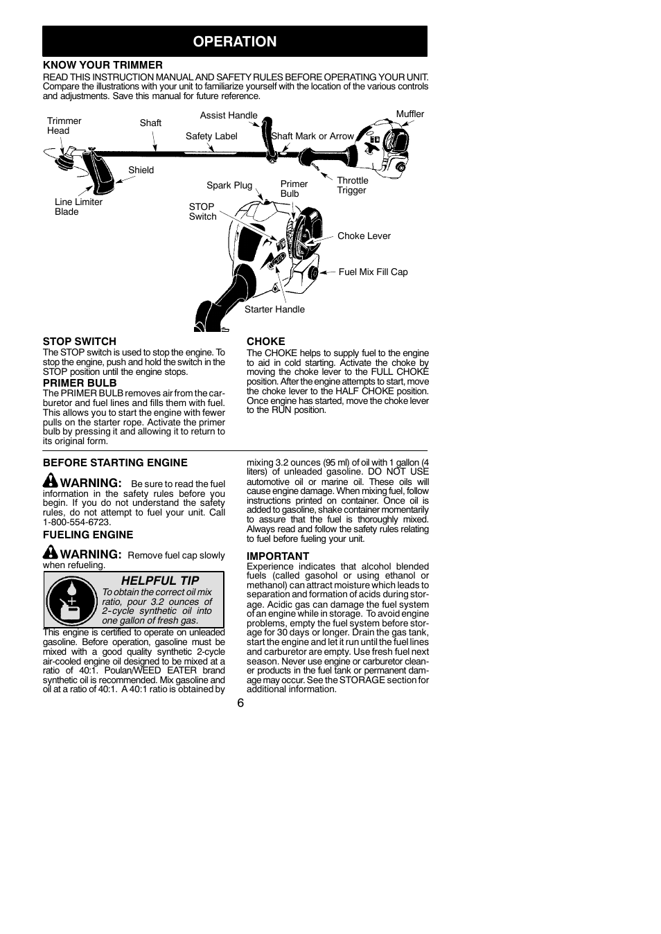Operation, Warning, Helpful tip | Poulan P2500 User Manual | Page 6 / 14