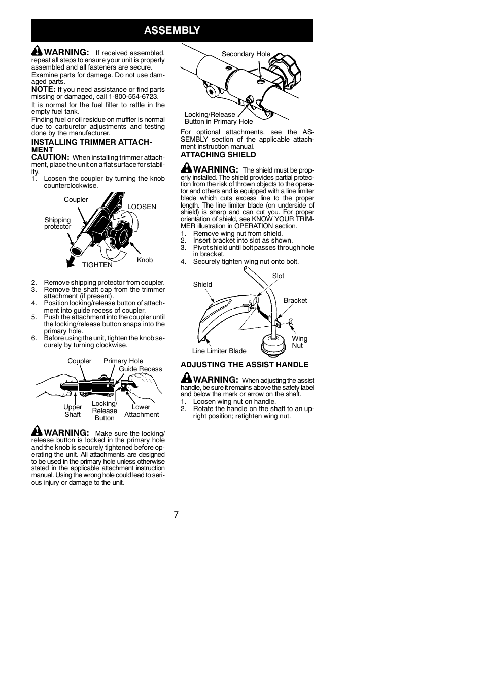 Assembly, Warning | Poulan 545146926 User Manual | Page 7 / 16