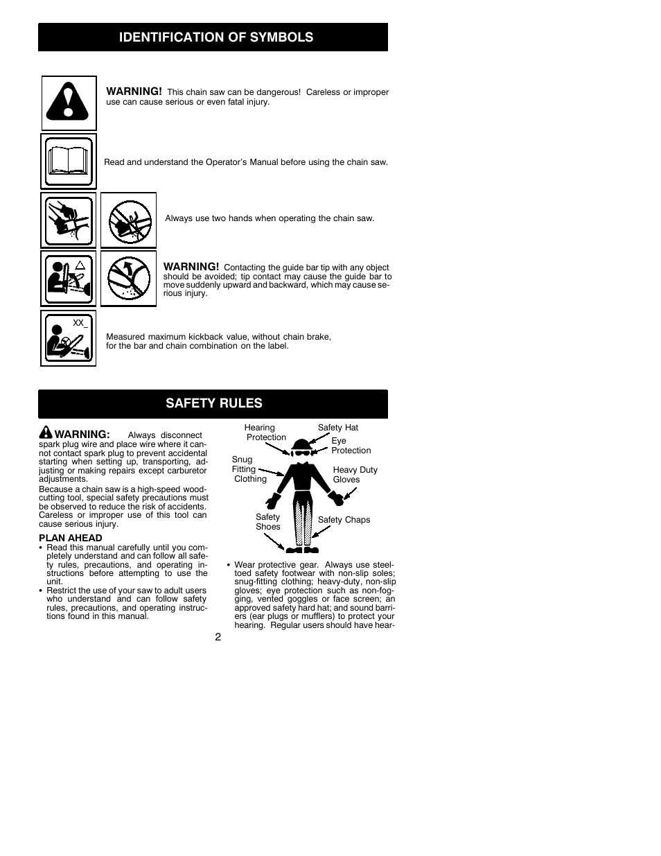 Identification of symbols, Safety rules | Poulan 530088740 User Manual | Page 2 / 17