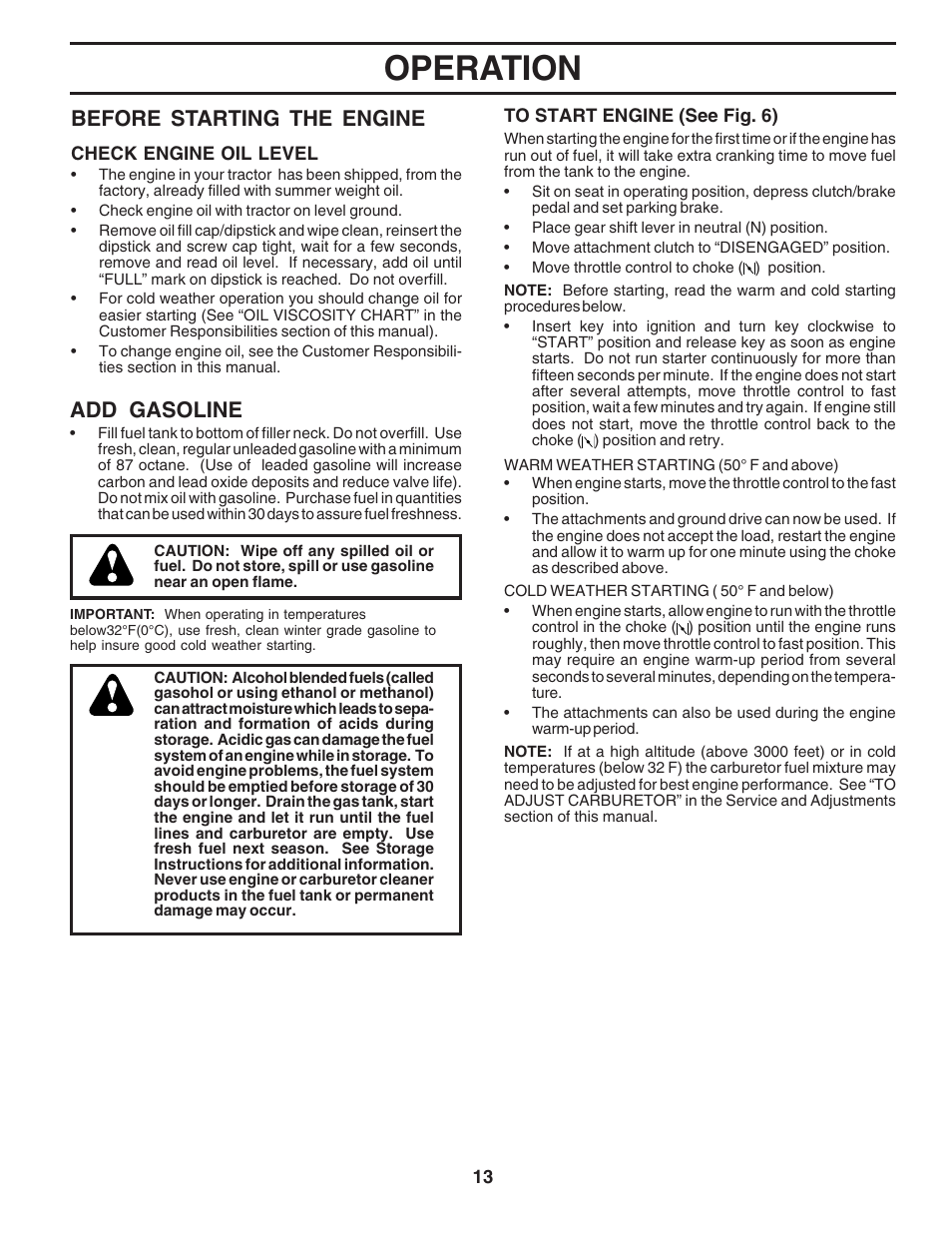 Operation, Add gasoline, Before starting the engine | Poulan 183359 User Manual | Page 13 / 48