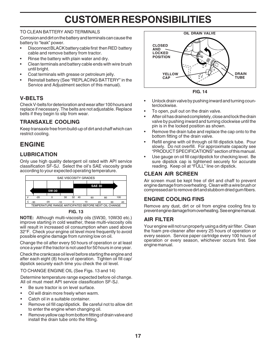 Customer responsibilities, Engine, V-belts | Transaxle cooling, Lubrication, Clean air screen, Engine cooling fins, Air filter | Poulan 183359 User Manual | Page 17 / 48
