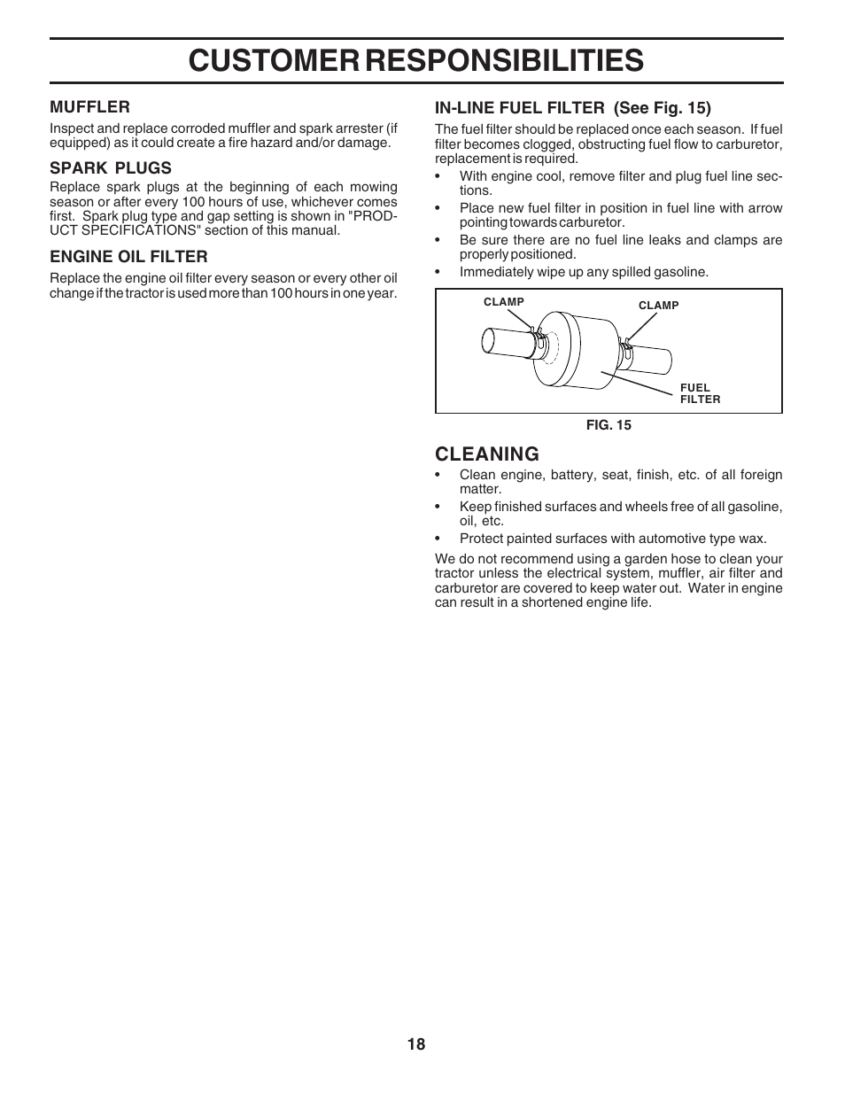 Customer responsibilities, Cleaning | Poulan 183359 User Manual | Page 18 / 48