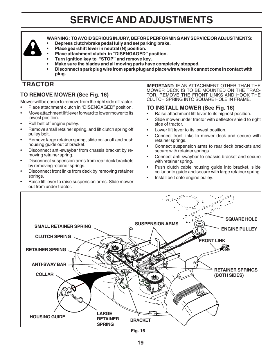 Service and adjustments, Tractor | Poulan 183359 User Manual | Page 19 / 48