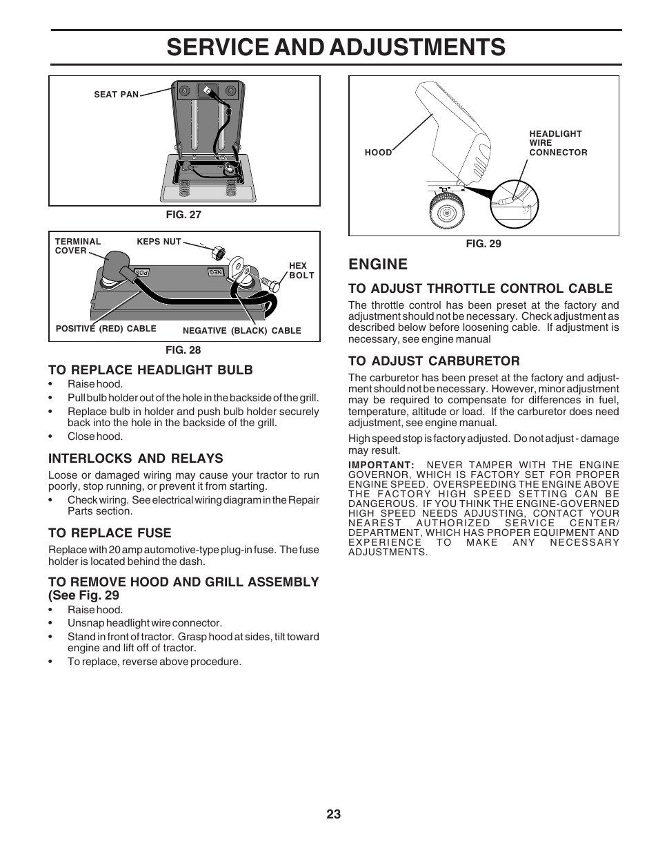 Service and adjustments, Engine | Poulan 183359 User Manual | Page 23 / 48