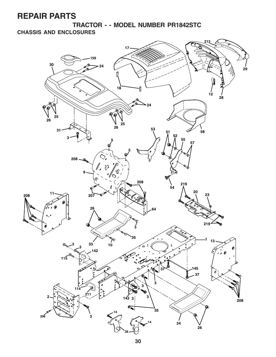 Repair parts, Tractor - - model number pr1842stc, Chassis and enclosures | Poulan 183359 User Manual | Page 30 / 48