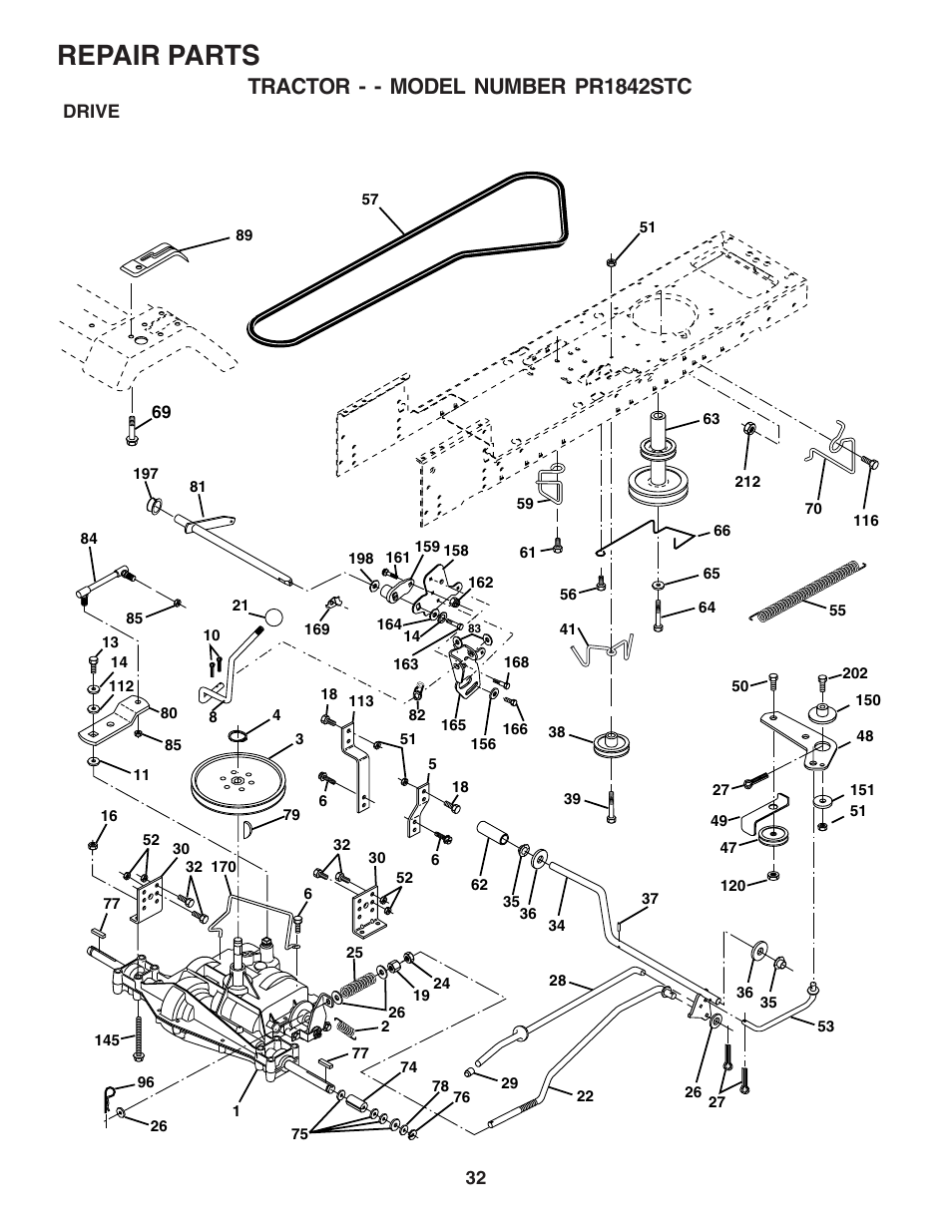 Repair parts, Tractor - - model number pr1842stc | Poulan 183359 User Manual | Page 32 / 48