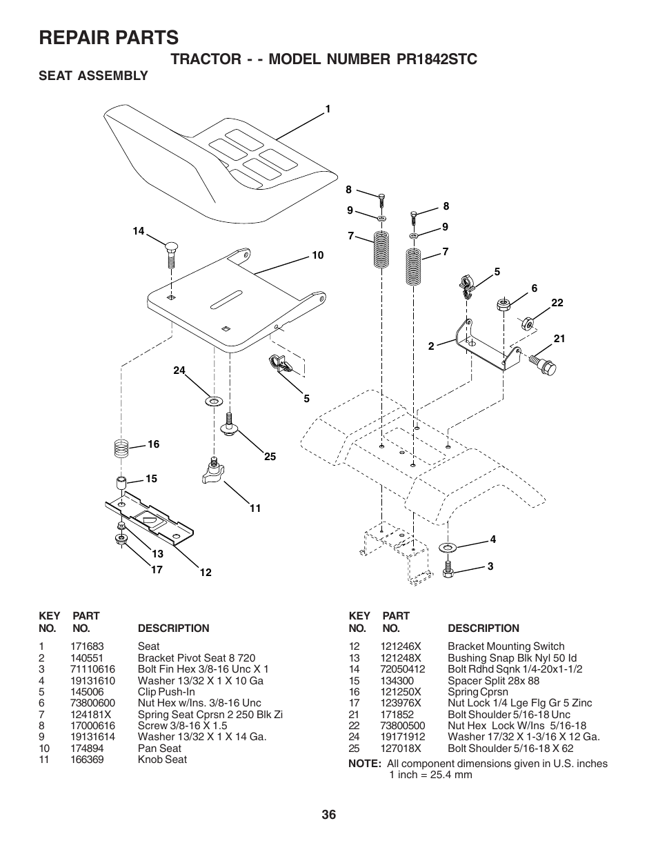 Repair parts, Tractor - - model number pr1842stc | Poulan 183359 User Manual | Page 36 / 48