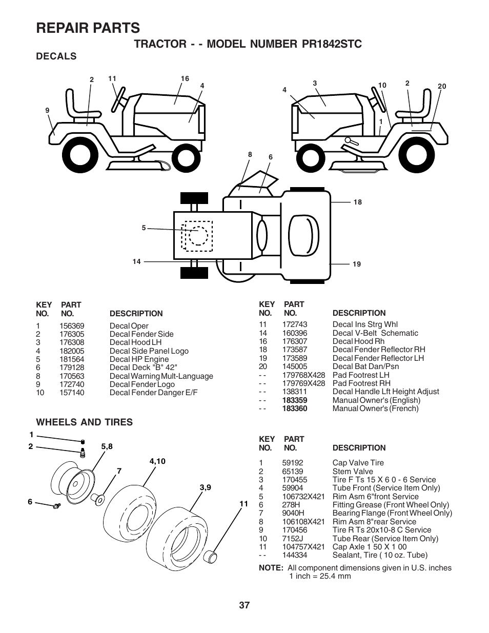 Repair parts, Tractor - - model number pr1842stc | Poulan 183359 User Manual | Page 37 / 48