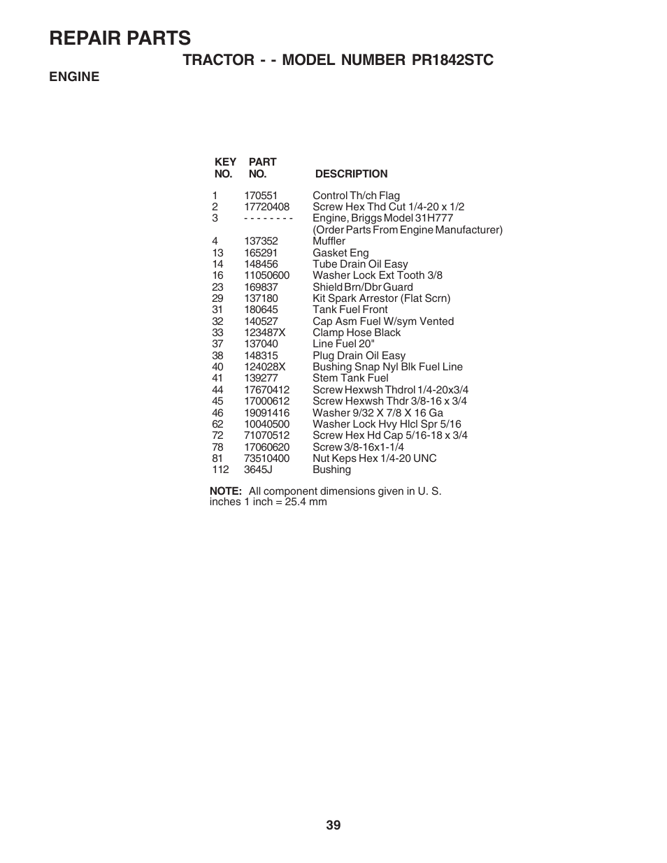 Repair parts, Tractor - - model number pr1842stc | Poulan 183359 User Manual | Page 39 / 48