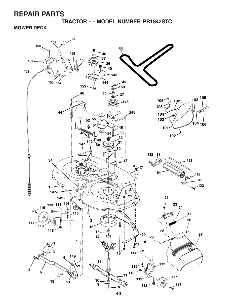 Repair parts, Tractor - - model number pr1842stc, Mower deck | Poulan 183359 User Manual | Page 40 / 48