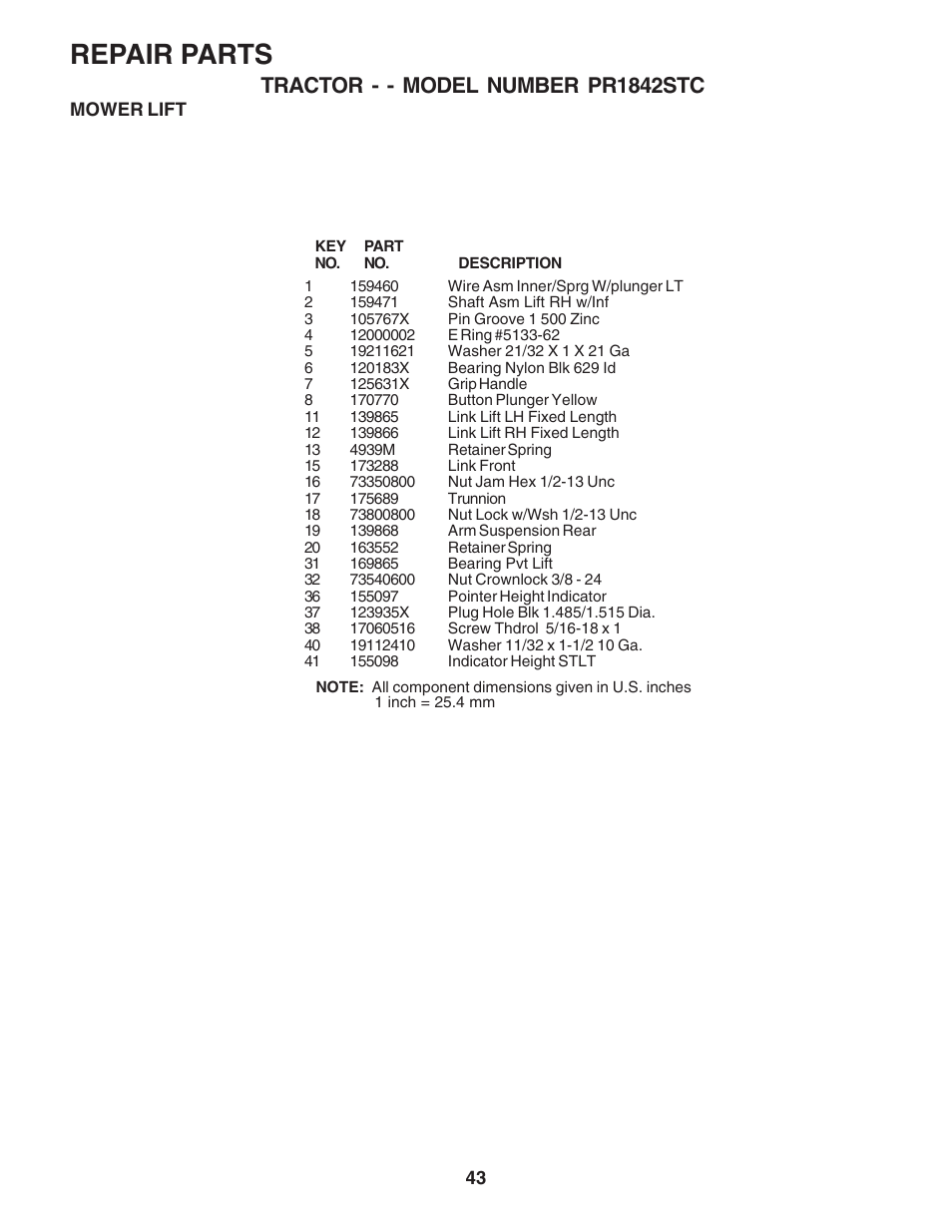 Repair parts, Tractor - - model number pr1842stc | Poulan 183359 User Manual | Page 43 / 48