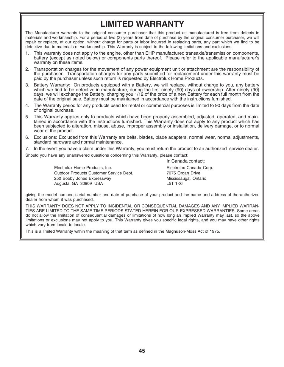 Limited warranty | Poulan 183359 User Manual | Page 45 / 48