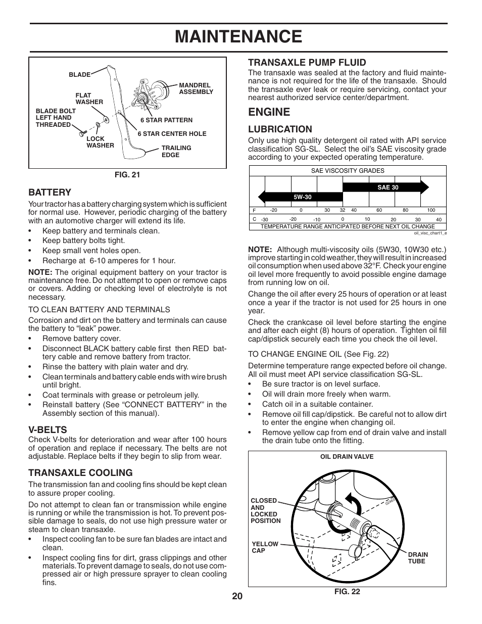 Maintenance, Engine, 20 v-belts | Transaxle cooling, Transaxle pump fluid, Battery, Lubrication | Poulan Pro PP16H36RB LAWN TRACTOR User Manual | Page 20 / 48