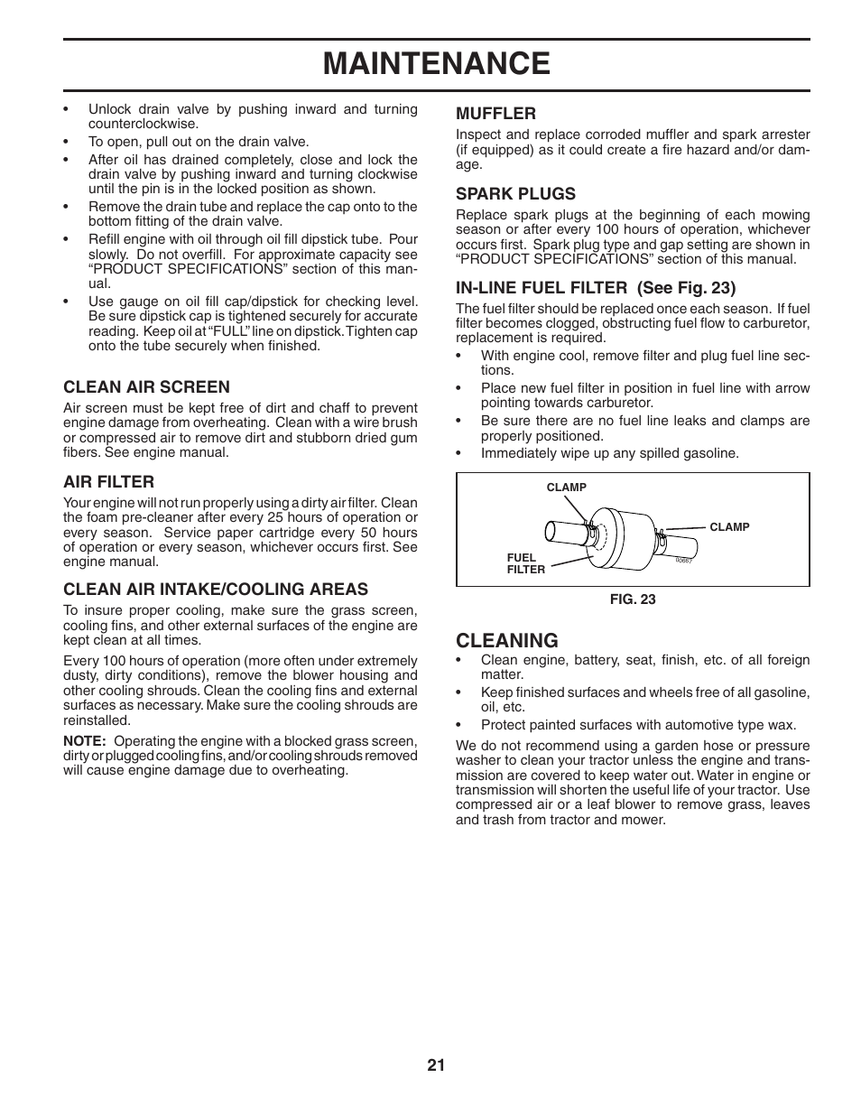 Maintenance, Cleaning | Poulan Pro PP16H36RB LAWN TRACTOR User Manual | Page 21 / 48