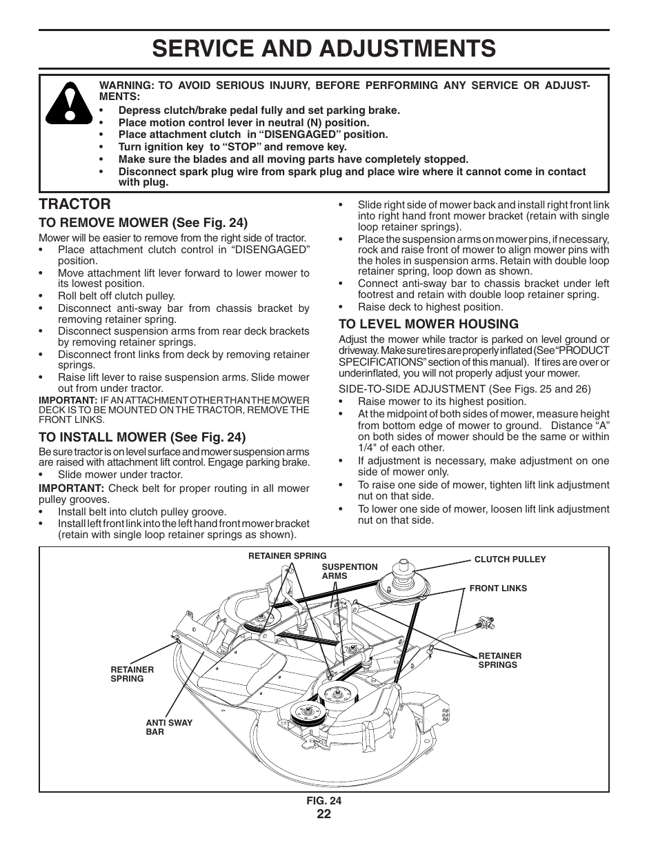 Service and adjustments, Tractor | Poulan Pro PP16H36RB LAWN TRACTOR User Manual | Page 22 / 48