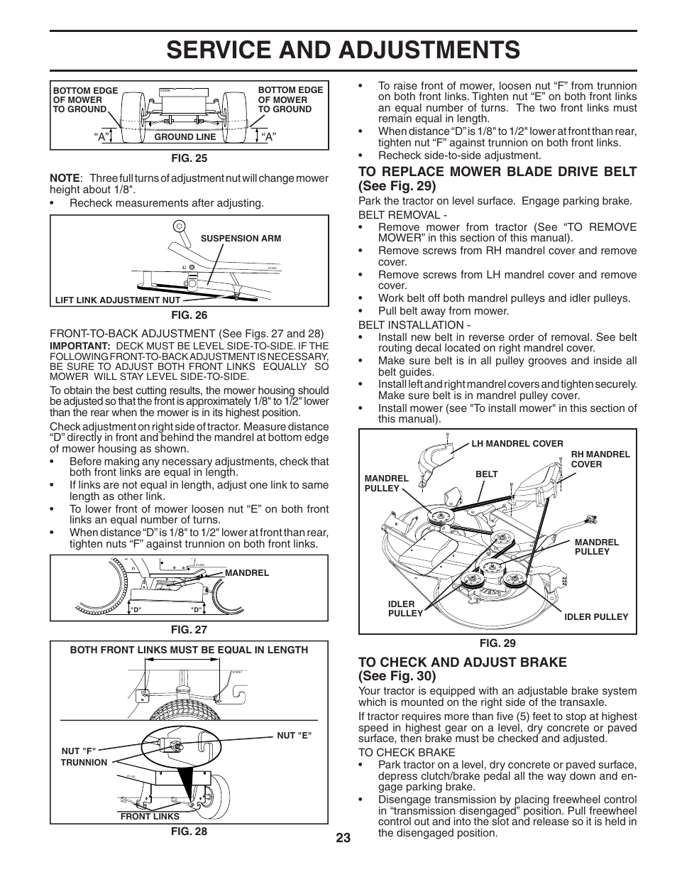 Service and adjustments | Poulan Pro PP16H36RB LAWN TRACTOR User Manual | Page 23 / 48