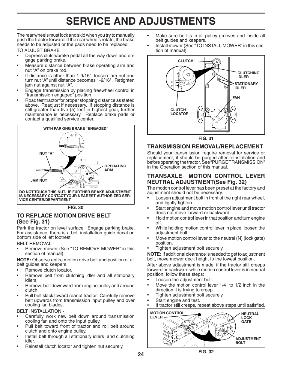 Service and adjustments, Transmission removal/replacement | Poulan Pro PP16H36RB LAWN TRACTOR User Manual | Page 24 / 48