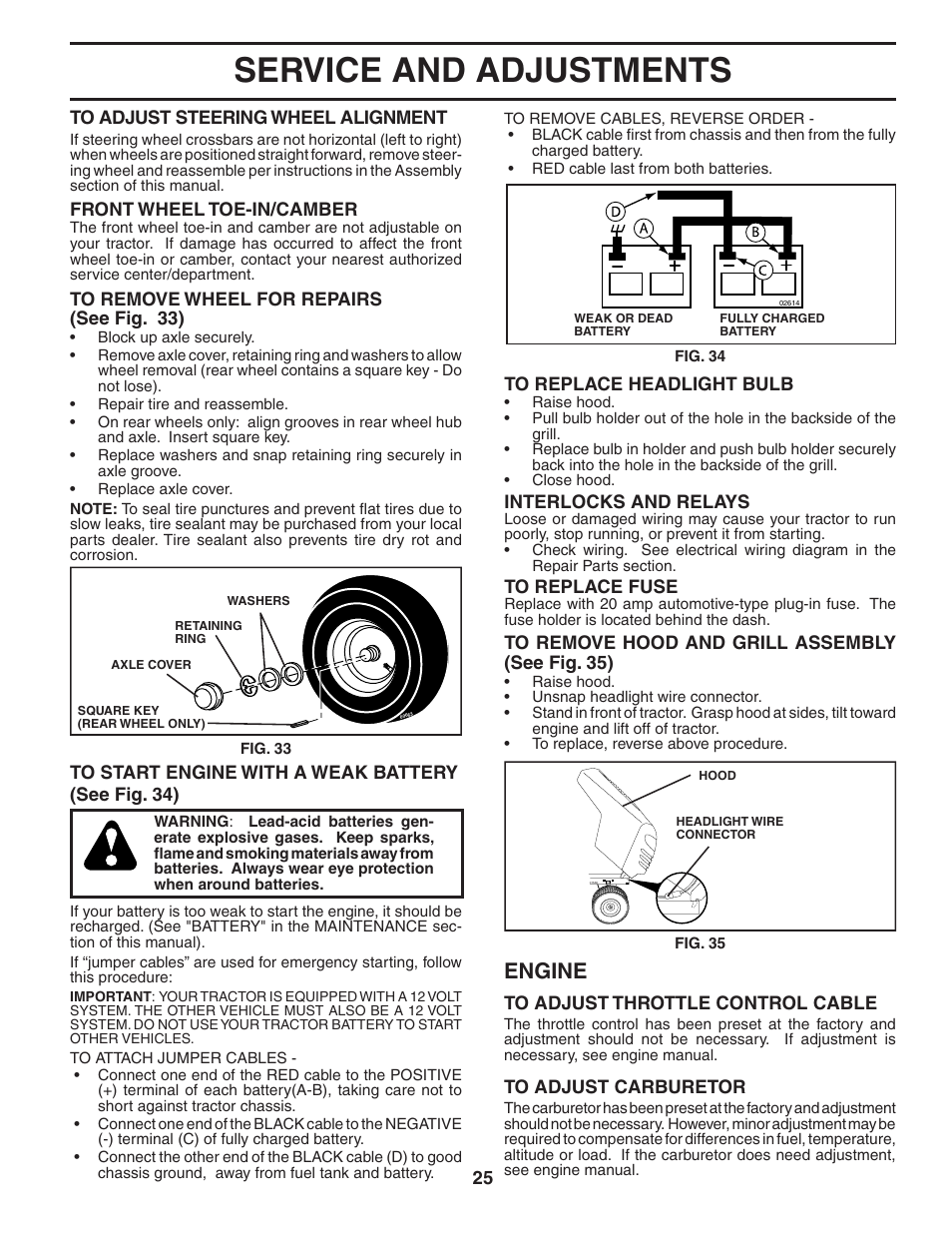 Service and adjustments, Engine | Poulan Pro PP16H36RB LAWN TRACTOR User Manual | Page 25 / 48