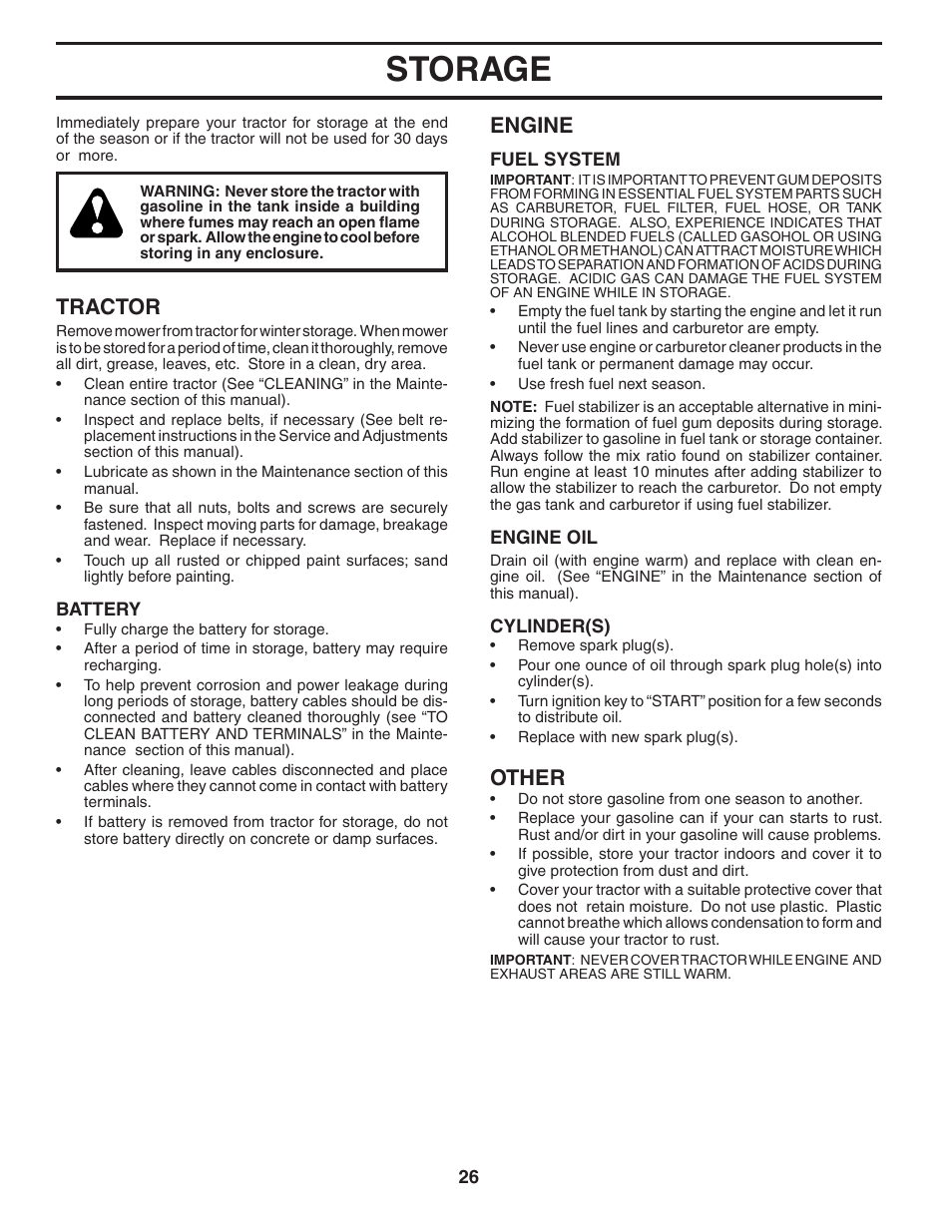 Storage, Tractor, Engine | Other | Poulan Pro PP16H36RB LAWN TRACTOR User Manual | Page 26 / 48