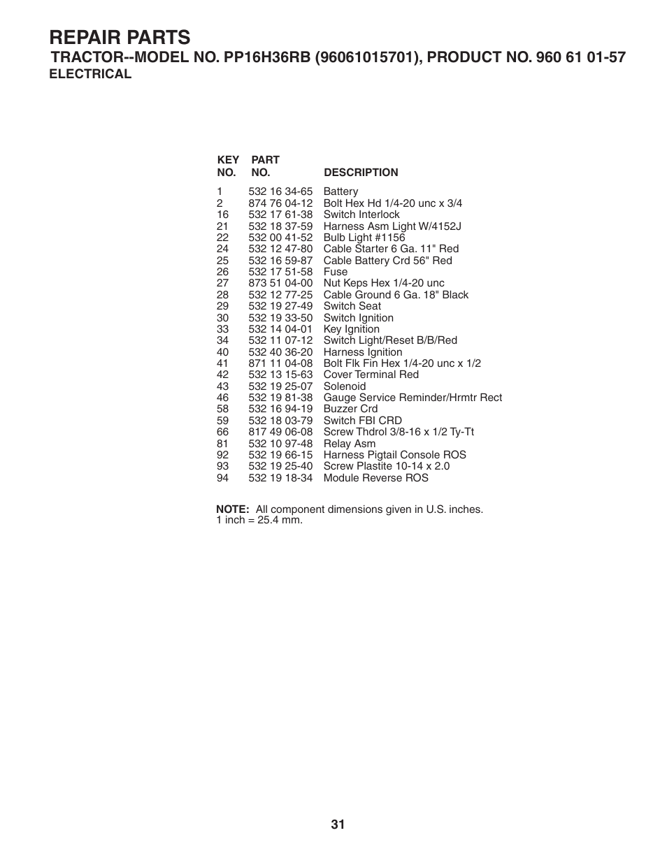 Repair parts | Poulan Pro PP16H36RB LAWN TRACTOR User Manual | Page 31 / 48