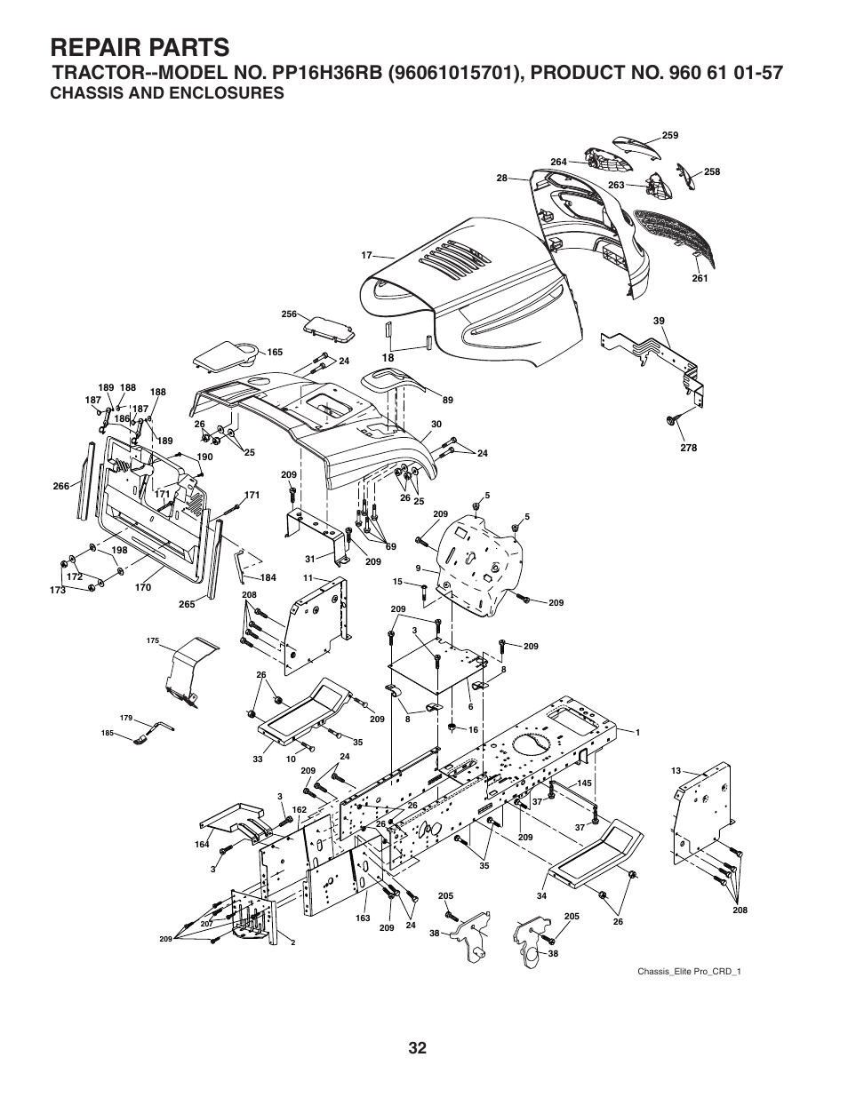 Chassis and enclosures, Repair parts | Poulan Pro PP16H36RB LAWN TRACTOR User Manual | Page 32 / 48