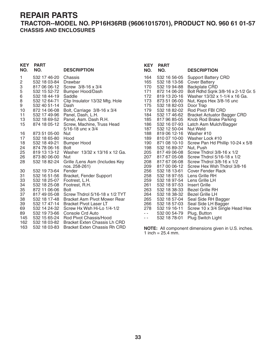 Repair parts | Poulan Pro PP16H36RB LAWN TRACTOR User Manual | Page 33 / 48