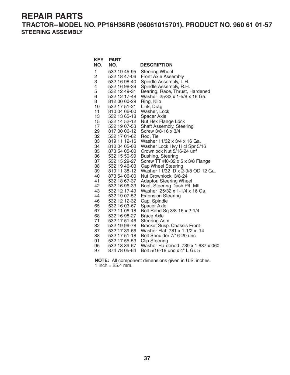 Repair parts | Poulan Pro PP16H36RB LAWN TRACTOR User Manual | Page 37 / 48