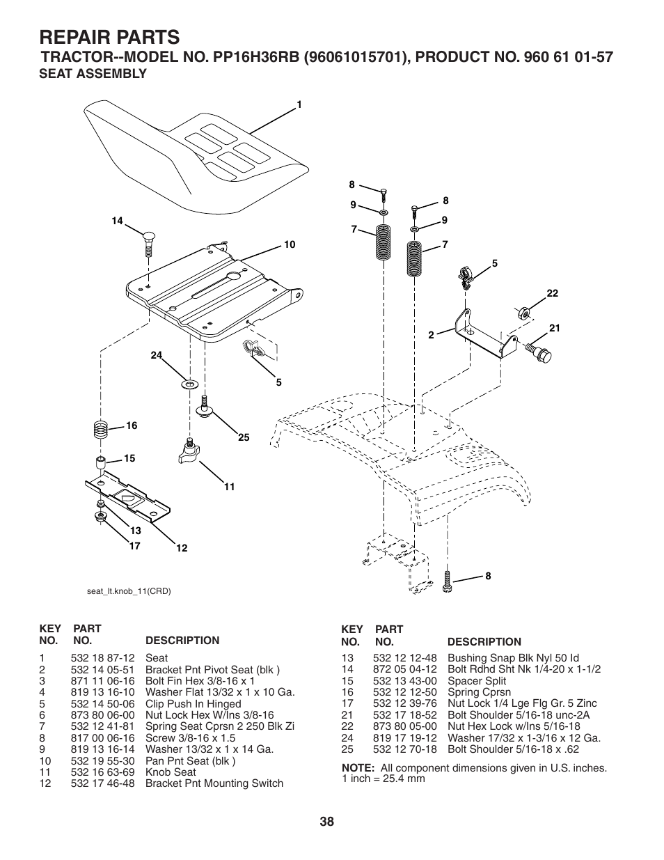 Seat assembly, Repair parts | Poulan Pro PP16H36RB LAWN TRACTOR User Manual | Page 38 / 48