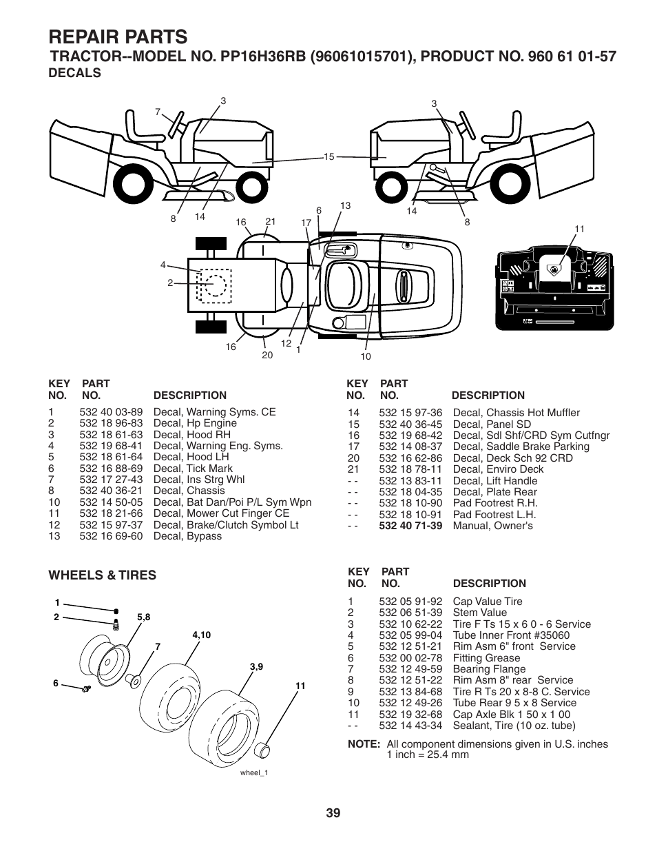 Decals, Wheels & tires, Repair parts | Poulan Pro PP16H36RB LAWN TRACTOR User Manual | Page 39 / 48