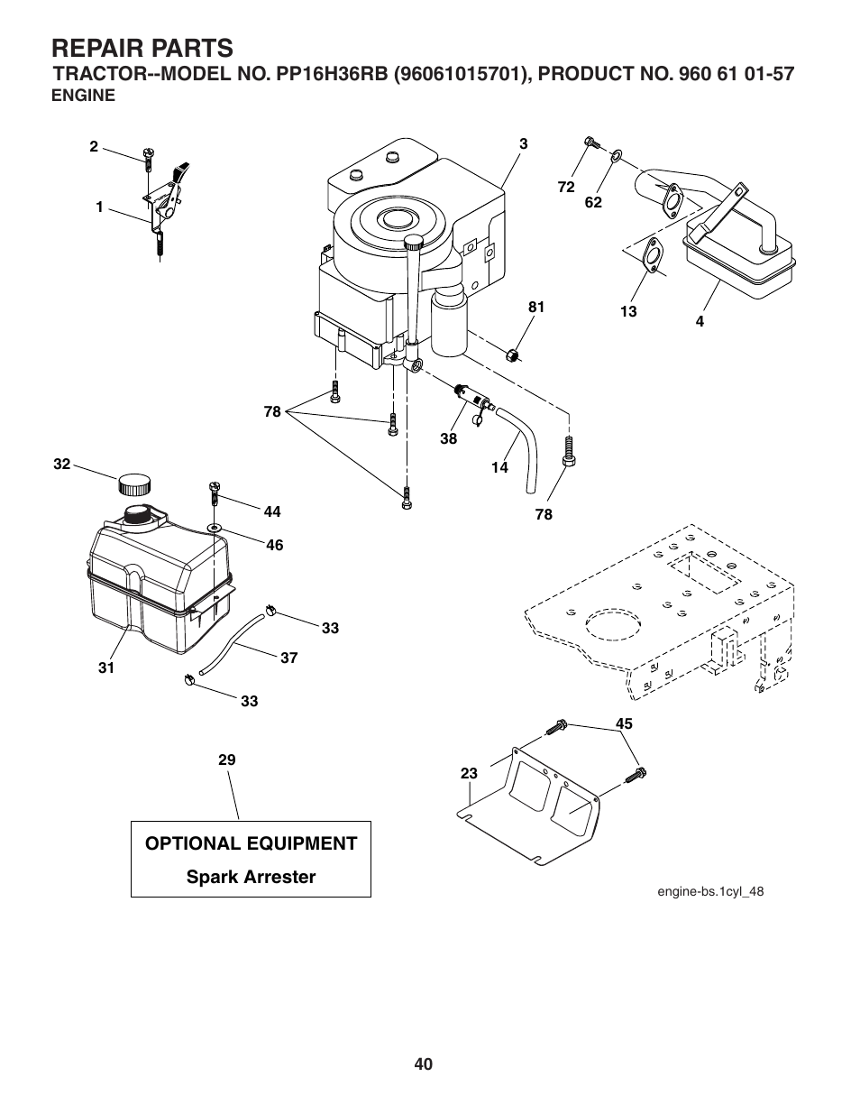 Engine, Repair parts | Poulan Pro PP16H36RB LAWN TRACTOR User Manual | Page 40 / 48