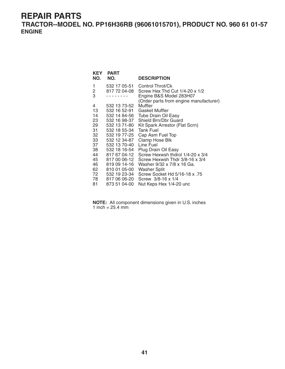 Repair parts | Poulan Pro PP16H36RB LAWN TRACTOR User Manual | Page 41 / 48