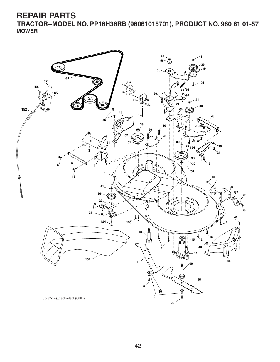 Mower, Repair parts | Poulan Pro PP16H36RB LAWN TRACTOR User Manual | Page 42 / 48