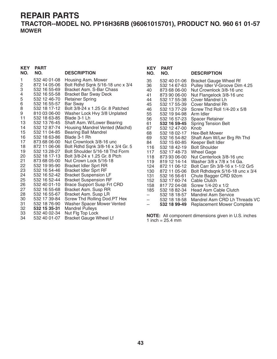 Repair parts | Poulan Pro PP16H36RB LAWN TRACTOR User Manual | Page 43 / 48