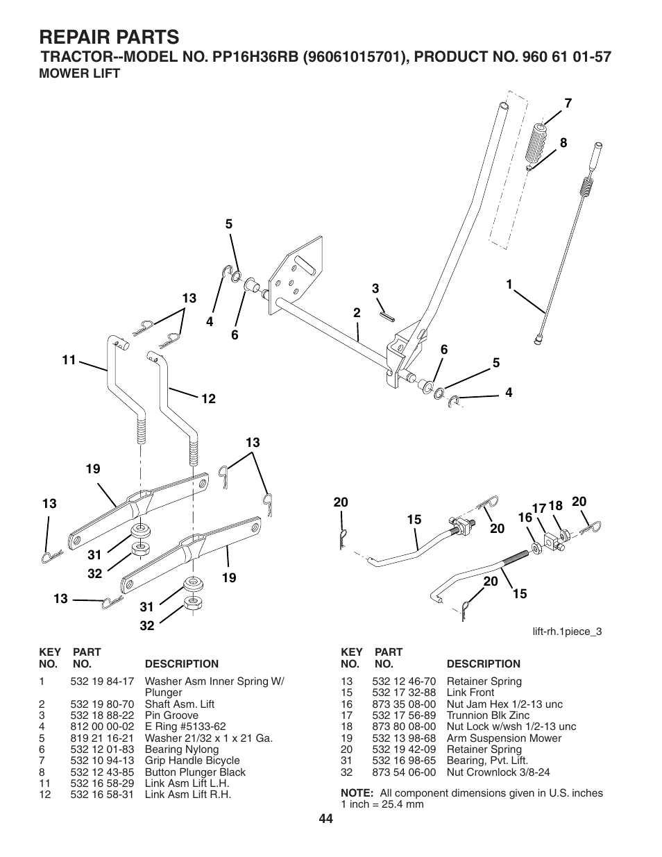 Mower lift, Repair parts | Poulan Pro PP16H36RB LAWN TRACTOR User Manual | Page 44 / 48