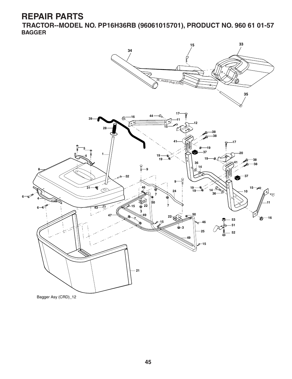 Bagger, Repair parts | Poulan Pro PP16H36RB LAWN TRACTOR User Manual | Page 45 / 48