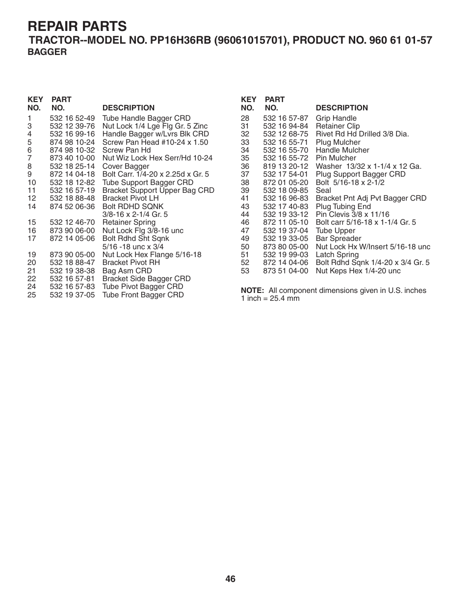 Repair parts | Poulan Pro PP16H36RB LAWN TRACTOR User Manual | Page 46 / 48