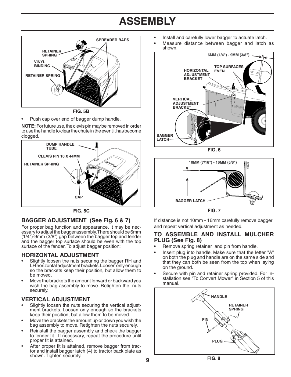 Assembly, Bagger adjustment (see fig. 6 & 7), Horizontal adjustment | Vertical adjustment | Poulan Pro PP16H36RB LAWN TRACTOR User Manual | Page 9 / 48