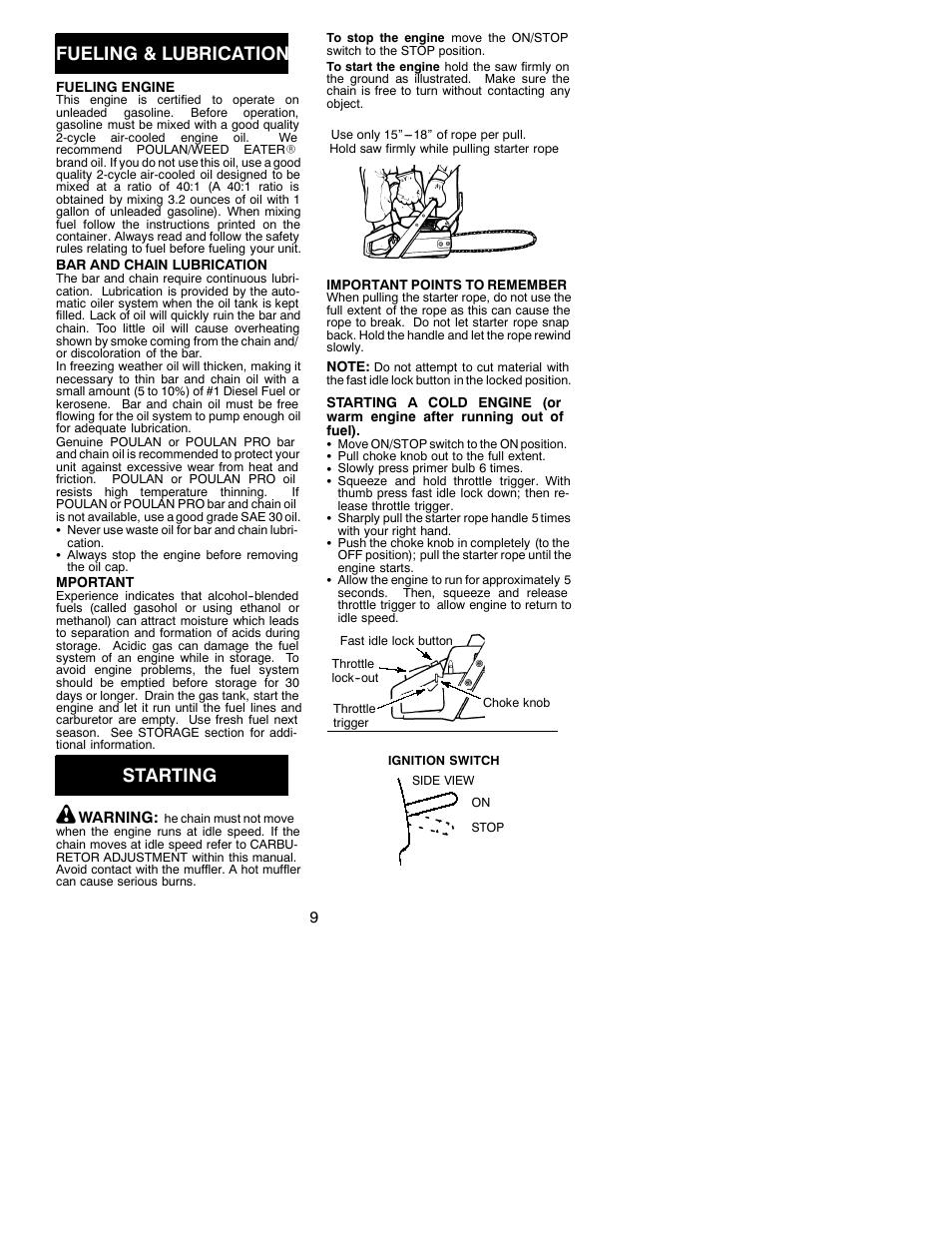 Fueling & lubrication, Starting | Poulan 2050 LE User Manual | Page 9 / 17