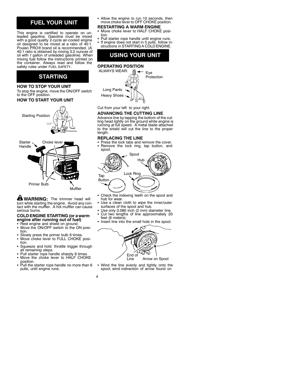Fuel your unit, Starting, Using your unit | Poulan 530088835 User Manual | Page 4 / 7