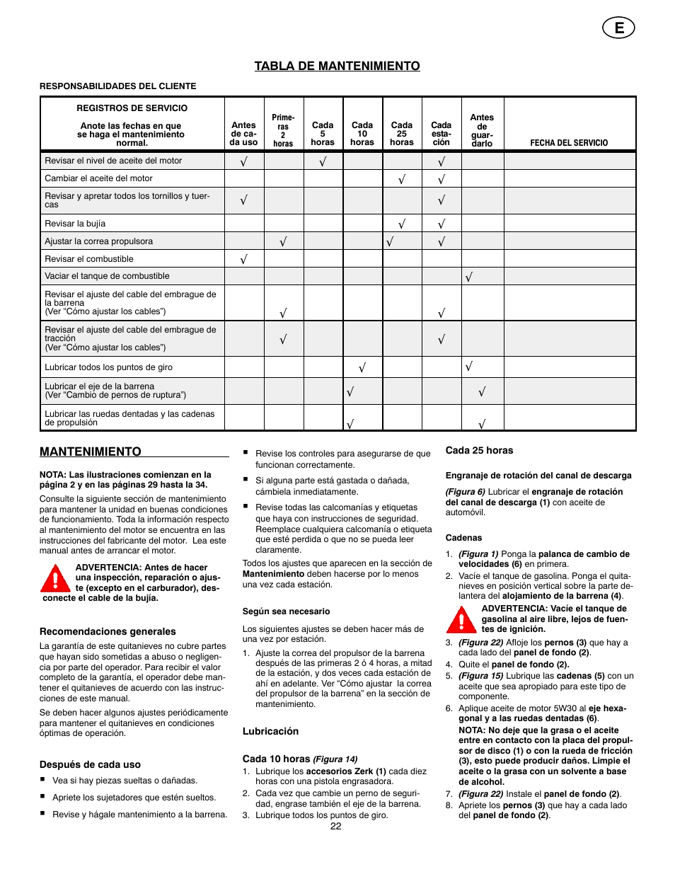 Tabla de mantenimiento, Mantenimiento | Poulan 96194000300 User Manual | Page 22 / 56