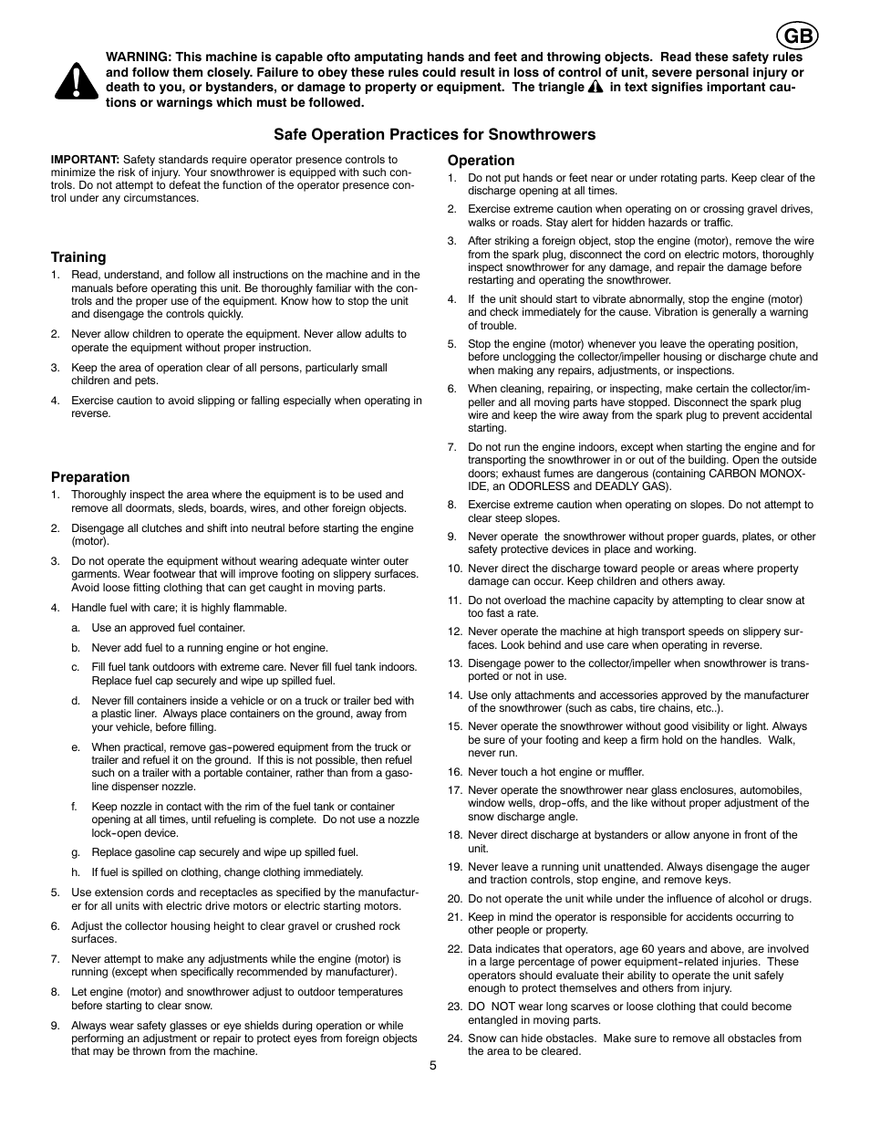 Safe operation practices for snowthrowers | Poulan 96194000300 User Manual | Page 5 / 56