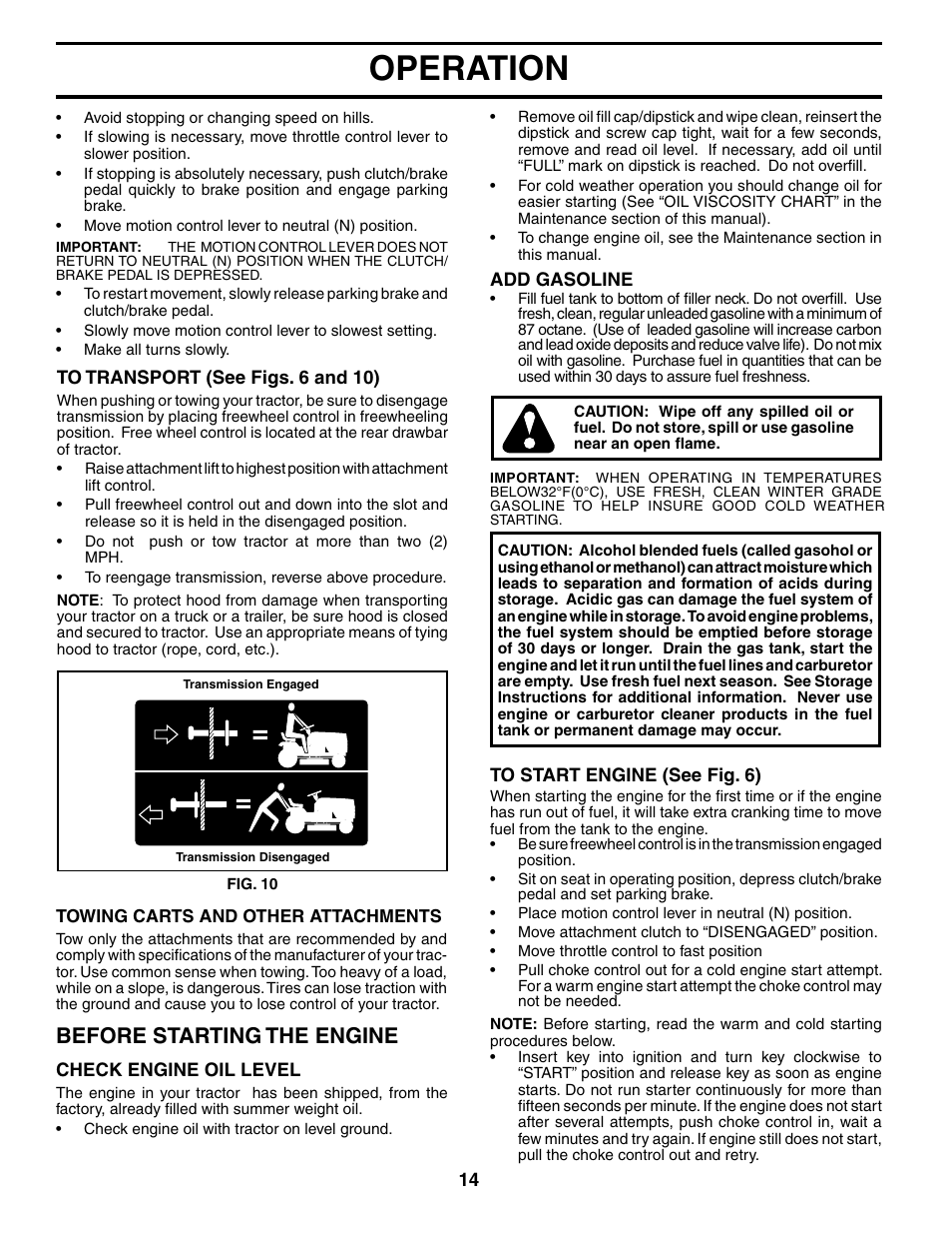 Operation, Before starting the engine | Poulan 196712 User Manual | Page 14 / 32