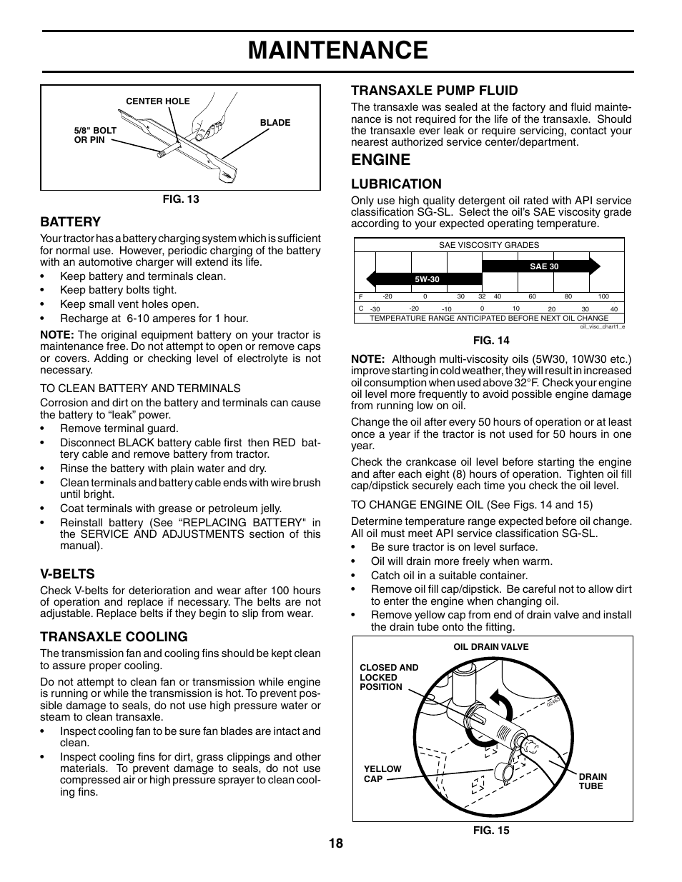 Maintenance, Engine, V-belts | Transaxle cooling, Transaxle pump fluid, Battery, Lubrication | Poulan 196712 User Manual | Page 18 / 32